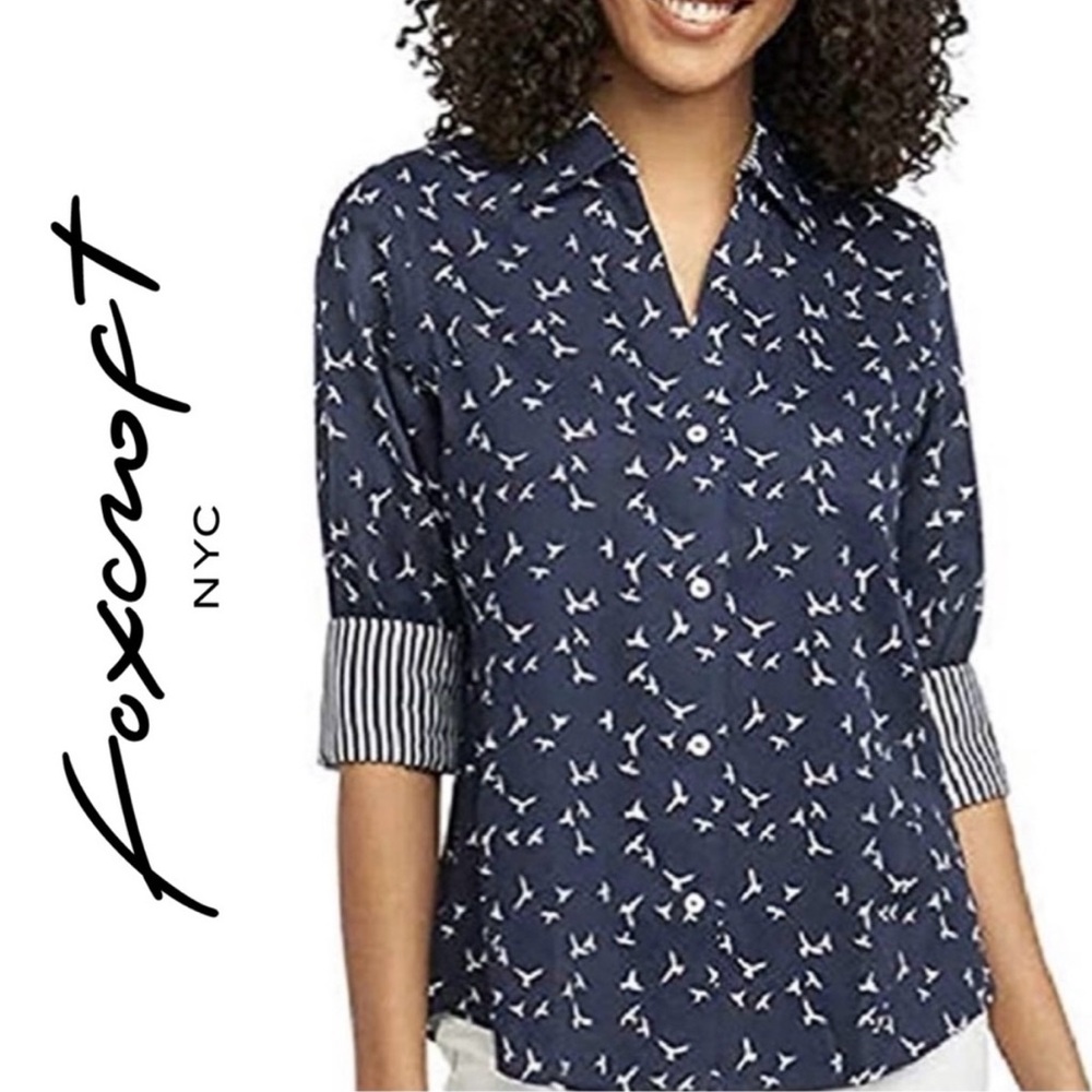 Foxcroft NYC HYBIRD Birds in flight Blue Button Down Shirt Top